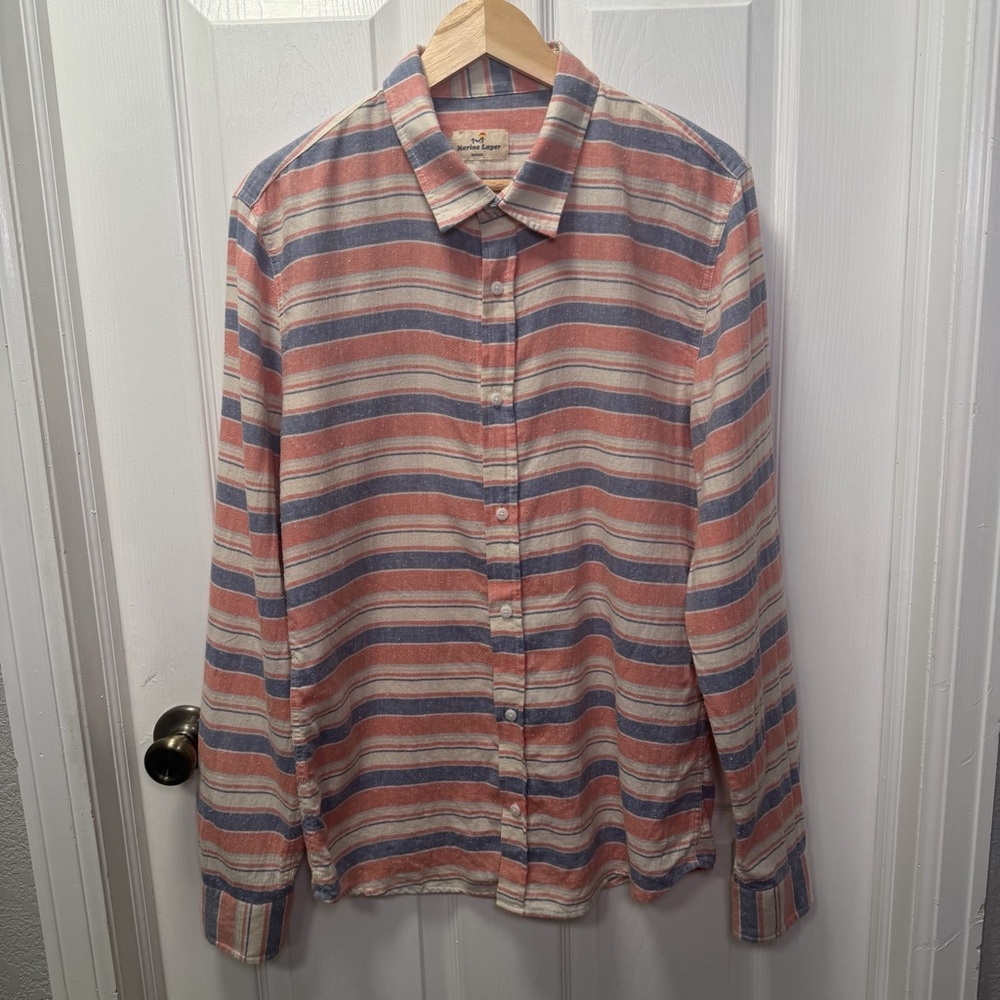 Marine Layer Striped Button Down Shirt Marge (M/L) Coral Blue, Cotton/Silk